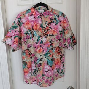 Vintage Casey & Max Tropical Floral Hawaiian Button Up - Med - Pink Hibiscus